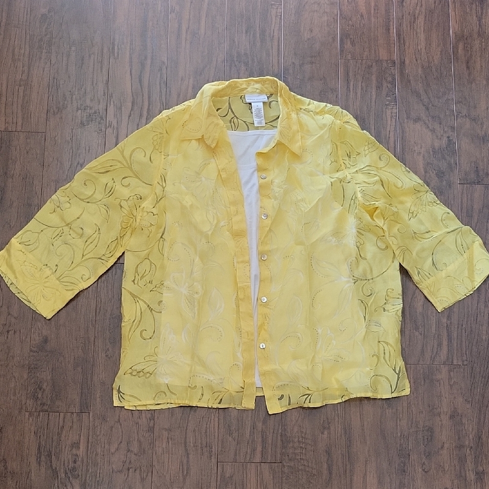 Alfred Dunner Yellow Sheer Embroidered Blouse With White Camisol